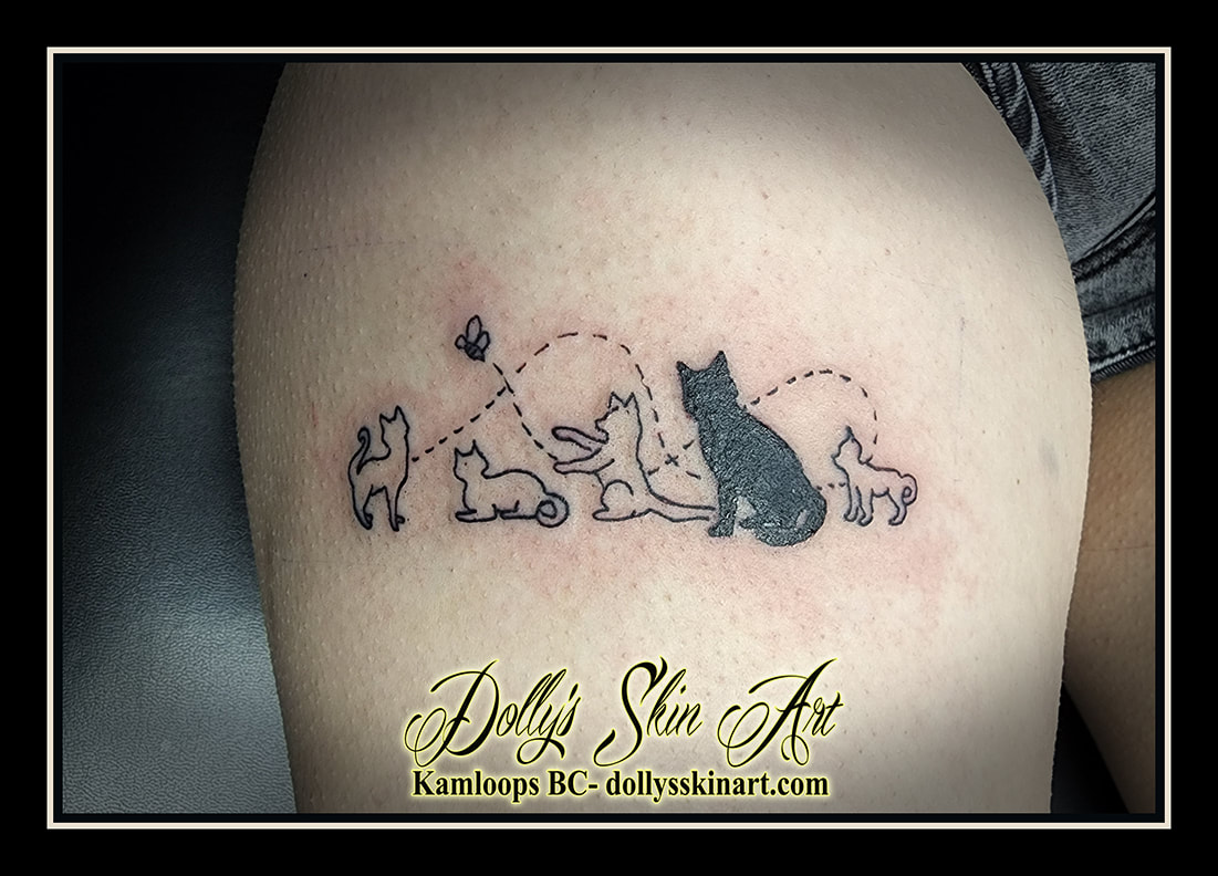 cats and dog tattoo silhouette black and grey leg linework tattoo dolly's skin art kamloops