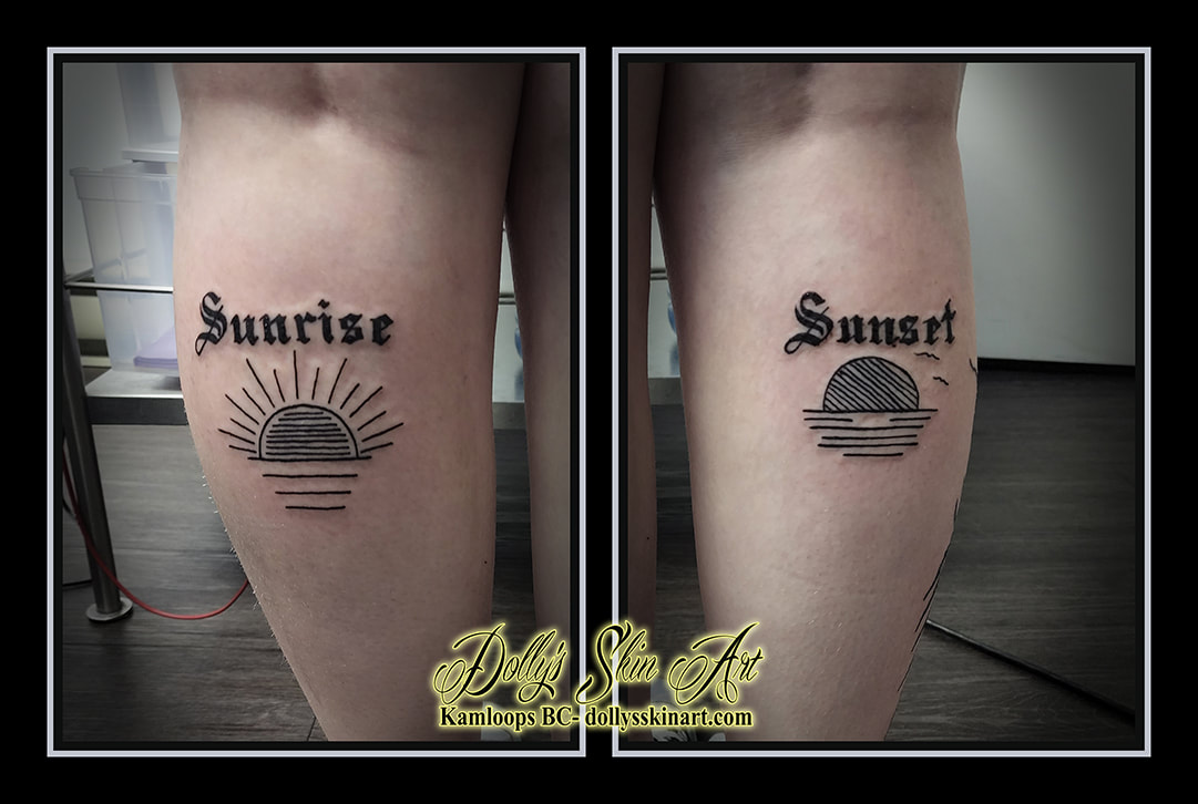 sunrise sunset tattoo black lettering silhouette linework font script tattoo dolly's skin art kamloops
