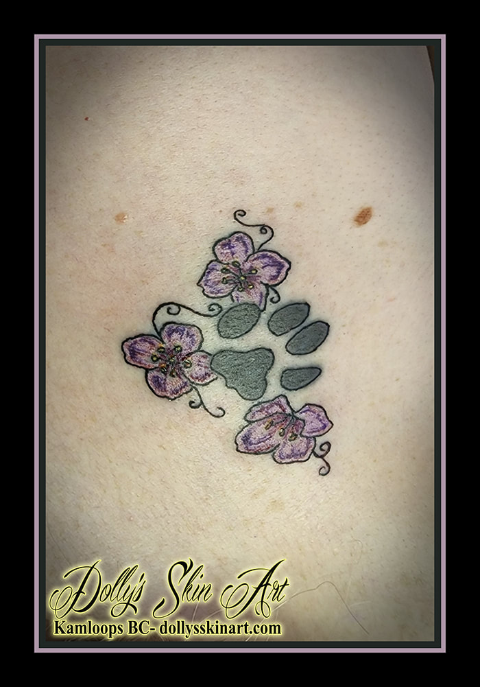 paw print tattoo flowers white purple black brown tattoo dolly's skin art kamloops