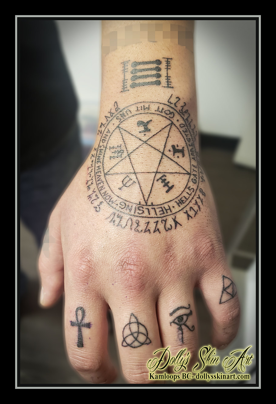 pentagram tattoo hand hellsing hells gate arrested ankh eye of ra triforce triquetra finger blackwork tattoo dolly's skin art kamloops