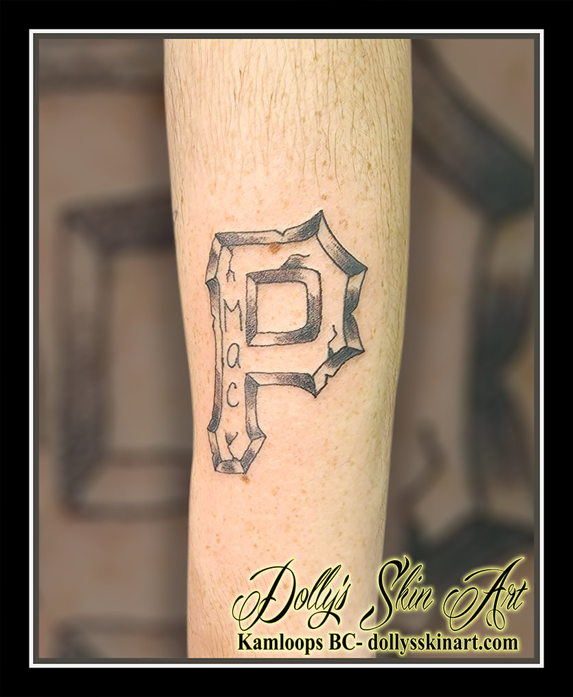 P tattoo letter P black and grey shading initials forearm logo tattoo kamloops dolly's skin art