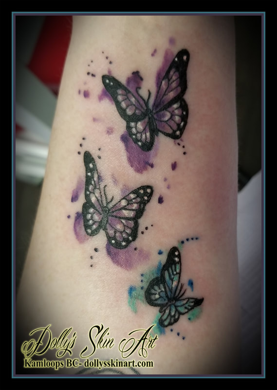 blue purple black white watercolour butterfly butterflies small tiny tattoo kamloops dolly's skin art