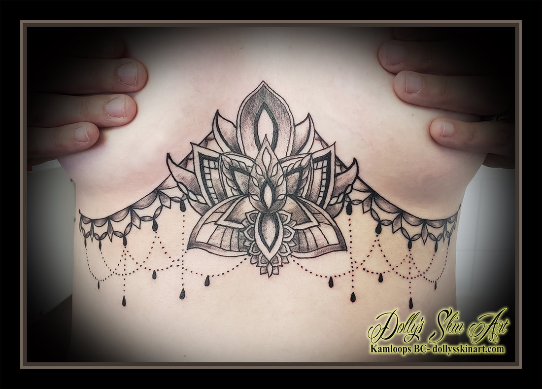 chandelier tattoo style black and grey shading chest lotus ribs tattoo kamloops dolly's skin art
