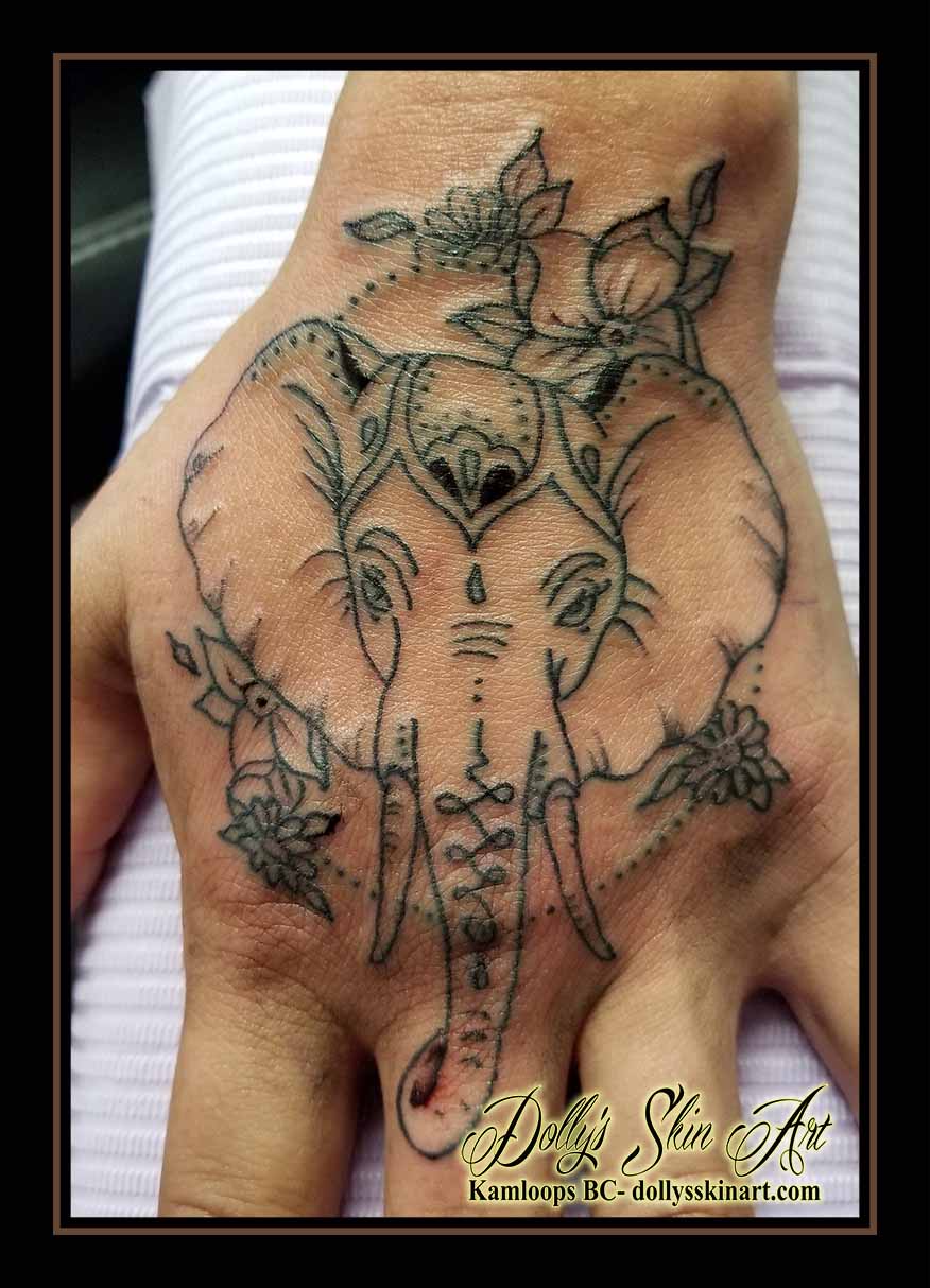 elephant tattoo hand linework flowers unalome tattoo kamloops dolly's skin art