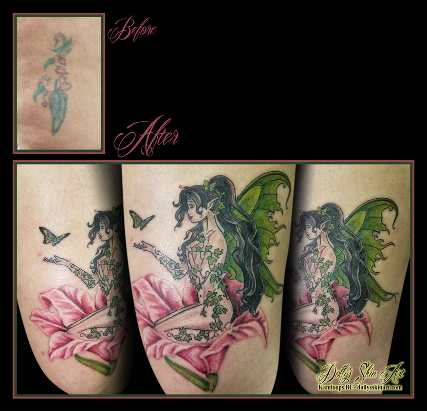 fairy colour tattoo cover up leaves flower vines butterfly sitting pink green black kneeling tattoo kamloops dolly's skin art