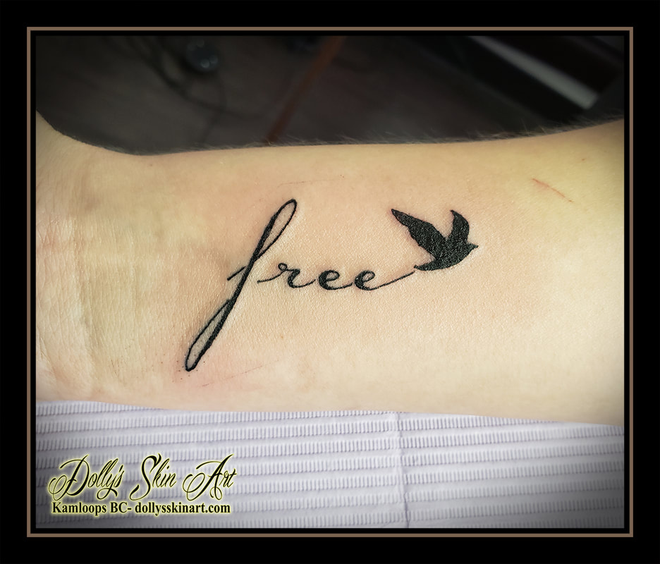 free bird tattoo memorial lettering black bird wrist tribute tattoo kamloops dolly's skin art