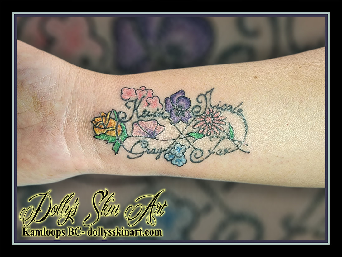 flower tattoo florals colour wrist family yellow green pink purple blue black infinity lettering names tattoo kamloops dolly's skin art