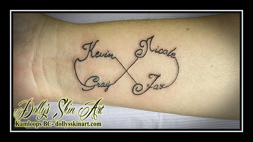 infinity tattoo family lettering font black linework forearm tattoo dolly's skin art kamloops