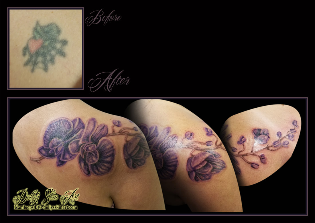orchid tattoo cover up purple shading brown soft flowers shoulder back chest tattoo kamloops dolly's skin art