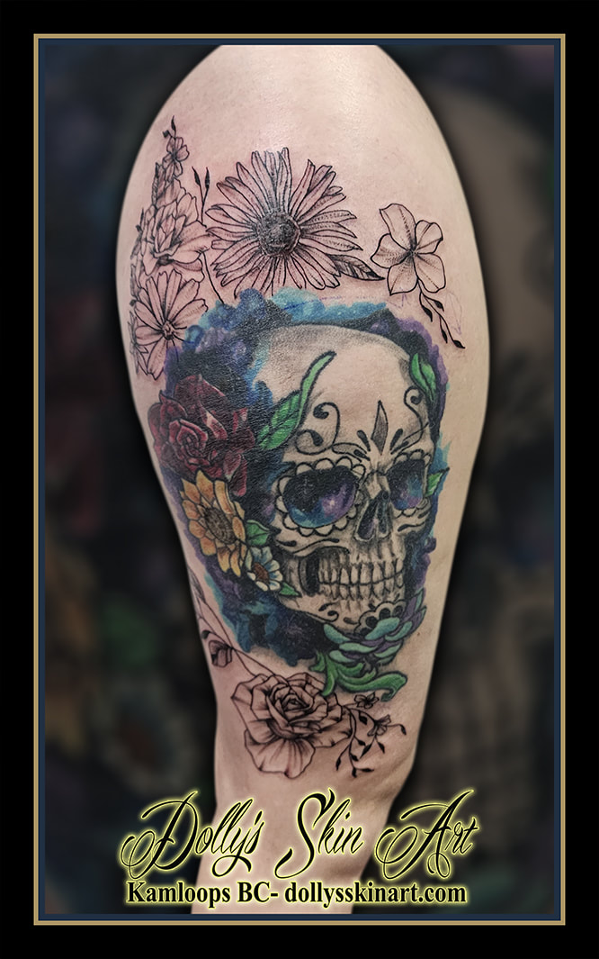 flowers tattoo black and grey floral linework shading black thigh sugar skull colour tattoo kamloops dolly's skin art