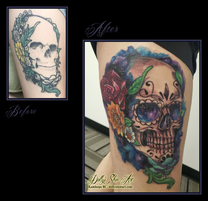 skull cover up colour galaxy space flowers rose sunflower blue purple red green white yellow black and grey shading white leg tattoo kamloops dolly's skin art