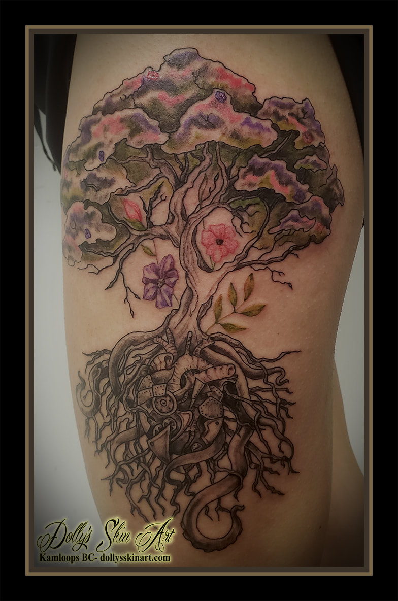 tree tattoo beauty from chaos colour mechanical heart tentacles black and grey pink purple green flowers tattoo kamloops dolly's skin art