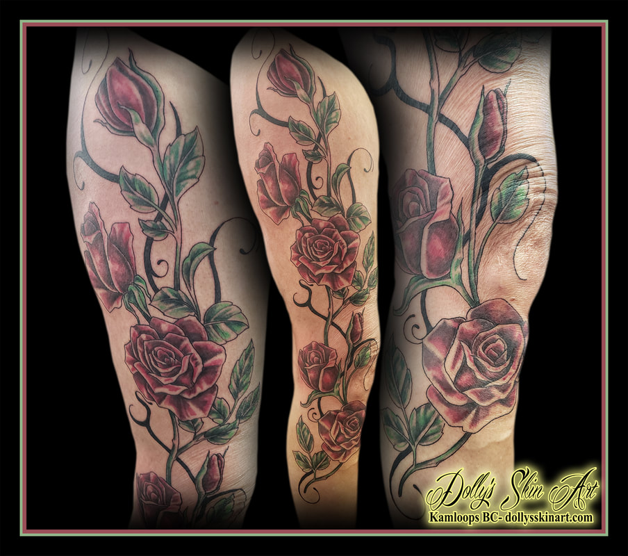 roses tattoo vines leg sleeve colour red green black shading thigh shin flowers tattoo kamloops dolly's skin art
