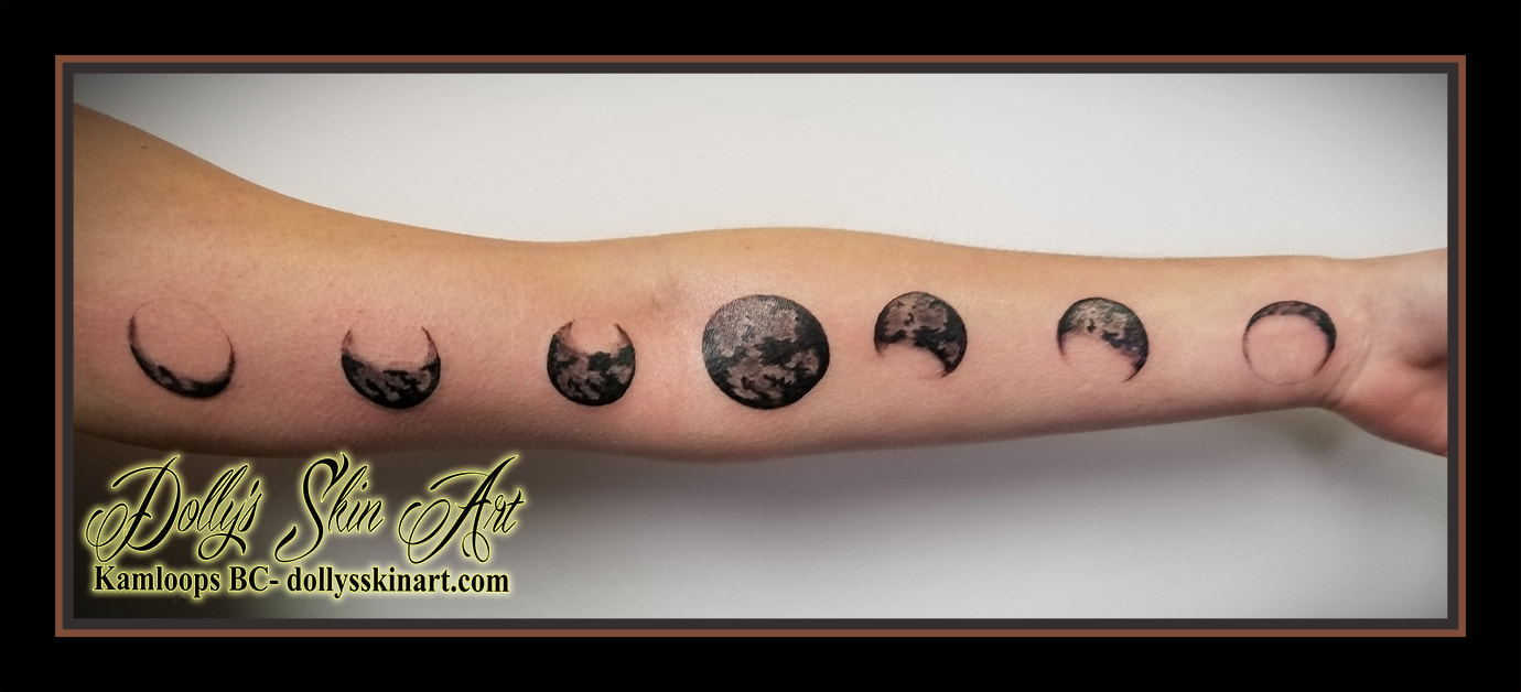 phases of the moon black grey shading shaded bicep forearm seven tattoo kamloops dolly's skin art