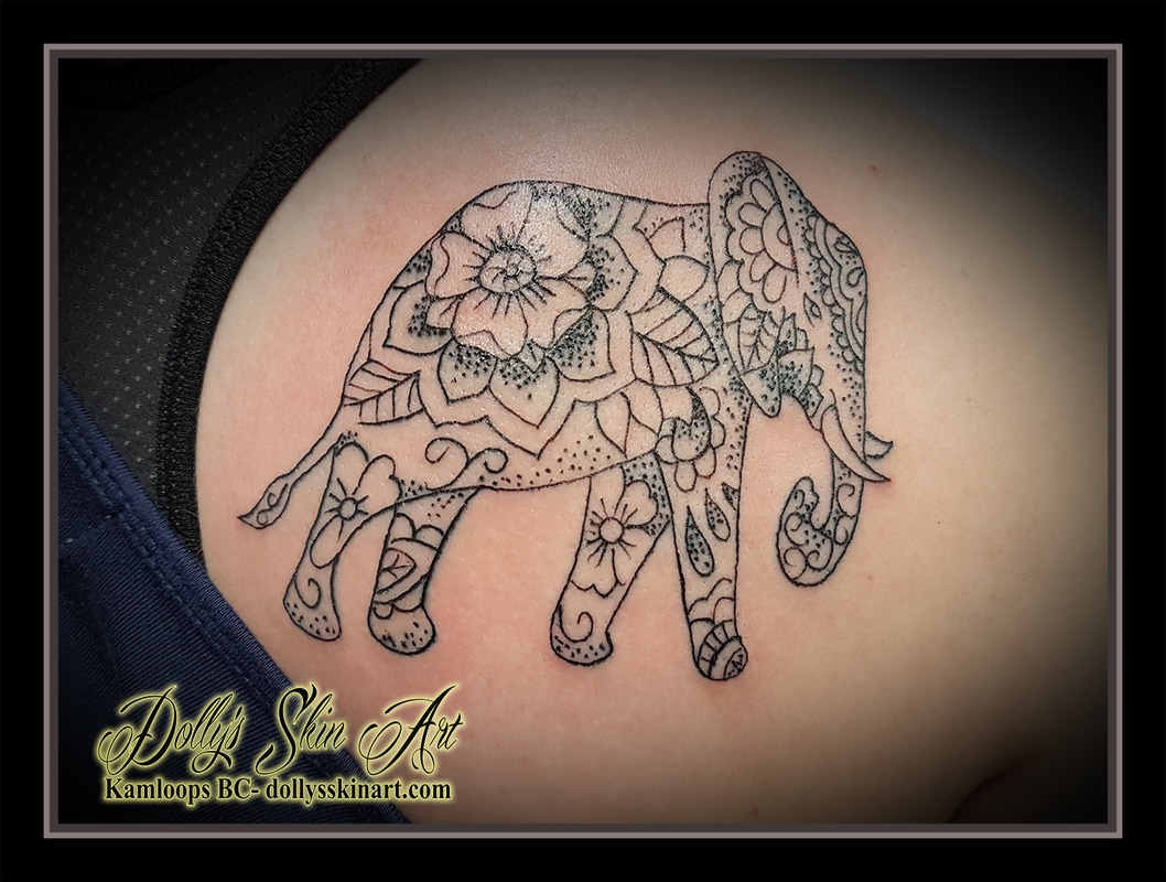 black single line linework elephant with designs mandala style filigree small shoulder tattoo kamloops dolly's skin art