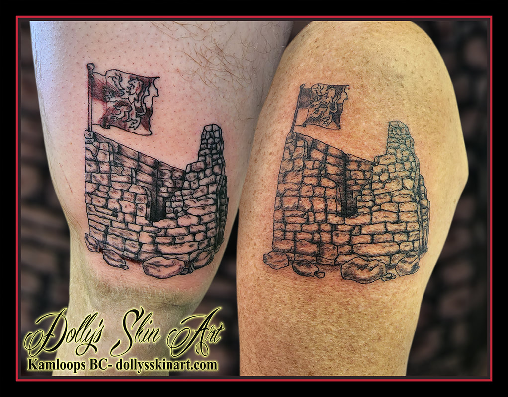 runied castle tattoo black and grey shading flag red stone rock matching family crest flag tattoo kamloops dolly's skin art