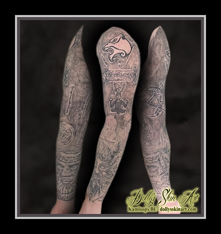 celtic deity stone carving irish lugh master of skills archaeology black and grey shading forearm tattoo kamloops dolly's skin art