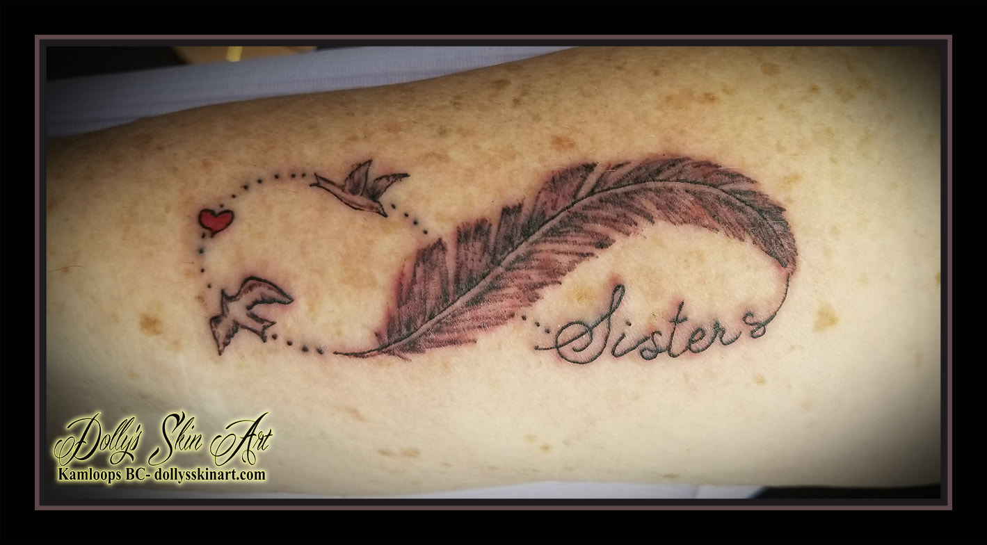 sister feather infinity birds heart matching black and grey shading lettering red tattoo kamloops dolly's skin art