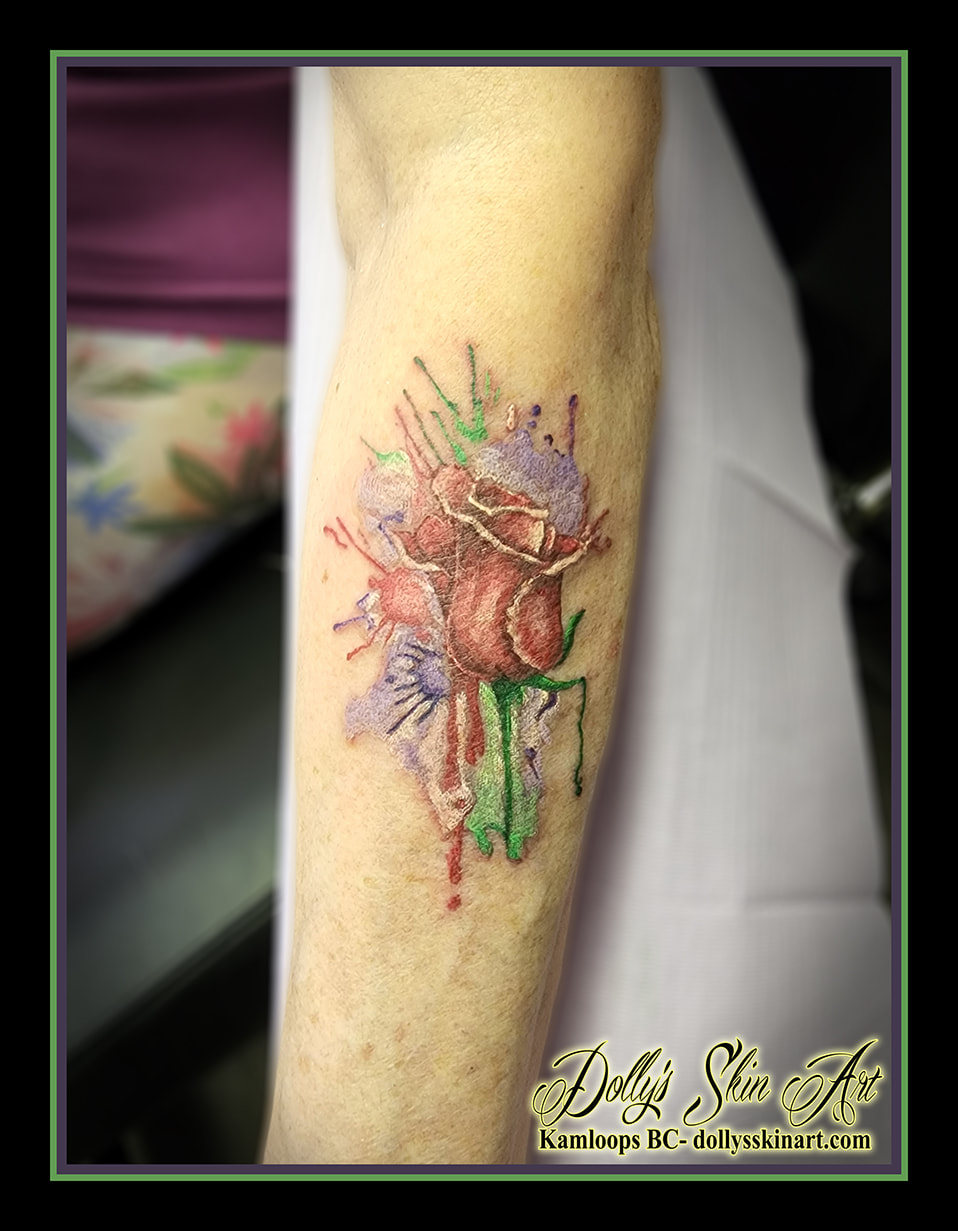 flower tattoo water colour flower cover up memorial red green purple white forearm tattoo dolly's skin art kamloops