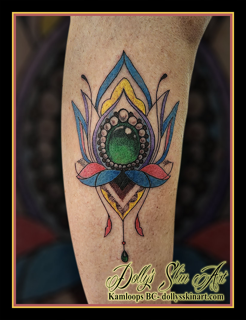 gem tattoo lotus flower colour bead arm black green white yellow blue pink brown stipple tattoo kamloops dolly's skin art