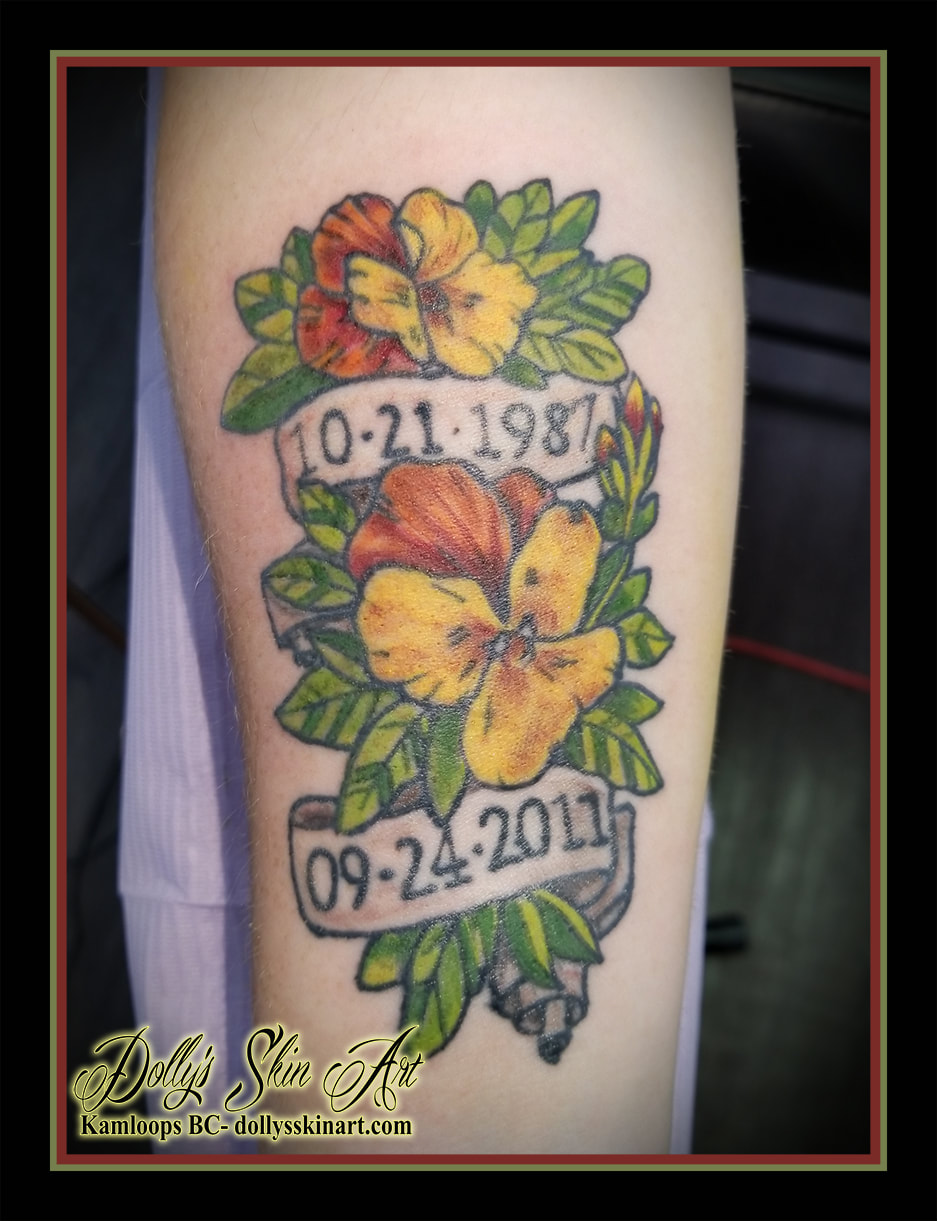 flower memorial tattoo linework colour 10 21 1987 09 24 2011 yellow green brown shaded banner numbers tattoo dolly's skin art