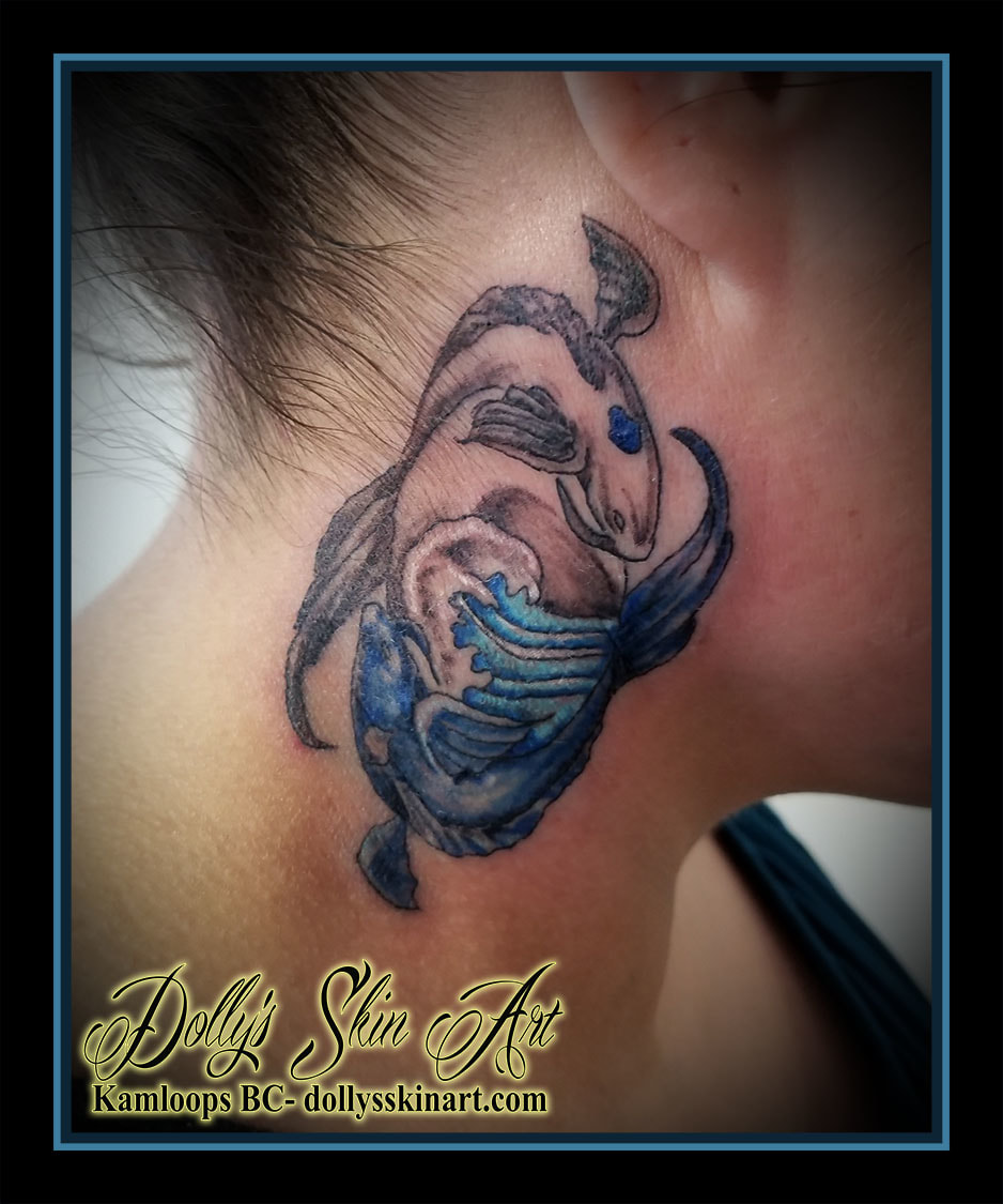 koi fish yin yang neck blue white colour small tattoo kamloops dolly's skin art
