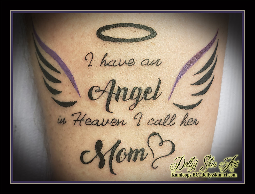 i have an angel in heaven i call her mom tattoo lettering script black purple blue green val wings halo heart ribbon elephant memorial family tattoo kamloops dolly's skin art