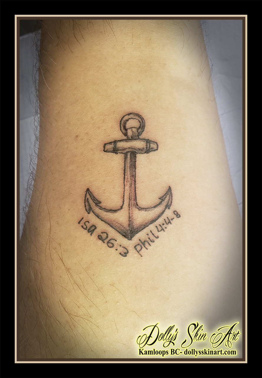 anchor tattoo black and grey shading isa Isaiah 26:3 phil Philippians 4:4-8 tattoo dolly's skin art kamloops