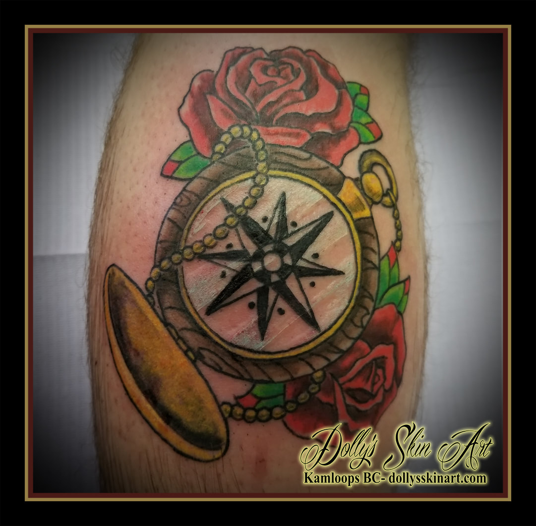 colour compass roses wood gold red green calf leg tattoo traditional kamloops dolly's skin art