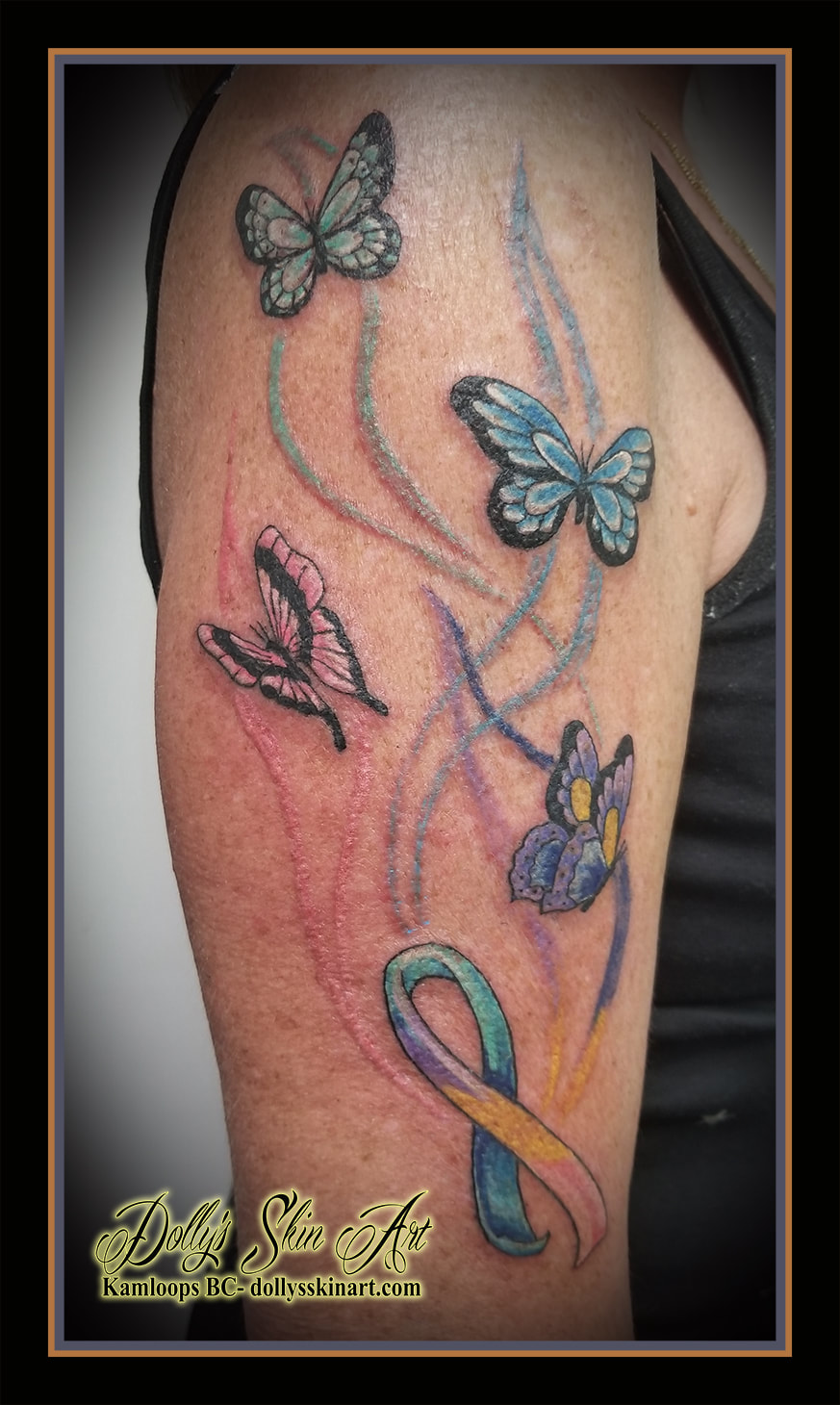 butterflies cancer ribbon tattoo colour arm blue purple yellow pink white teal black tattoo kamloops dolly's skin art