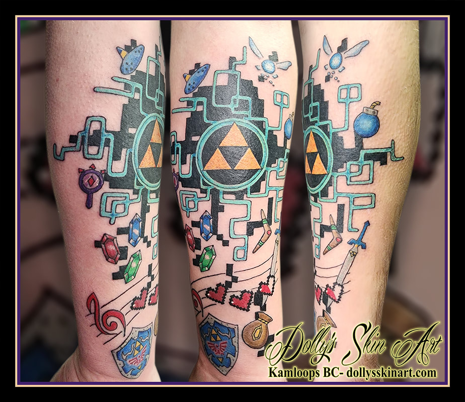 Legend of Zelda tattoo forearm sleeve blue yellow white teal black red green brown purple pink grey A Link to the Past Link's Awakening Oracle of Seasons & Ages A Link Between Worlds Tri Force Heroes Adventure of Link Majora's Mask Twilight Princess Four Swords Adventures The Wind Waker Phantom Hourglass Spirit Tracks Breath of the Wild Skyward Sword The Minish Cap Ocarina of Time Tears of the Kingdom tattoo kamloops dolly's skin art