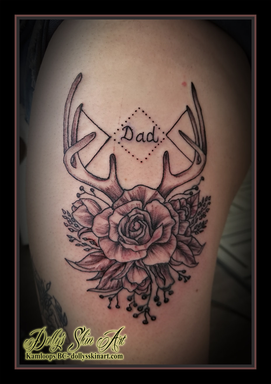 rose antlers tattoo dad black flowers shading lettering font tattoo kamloops dolly's skin art
