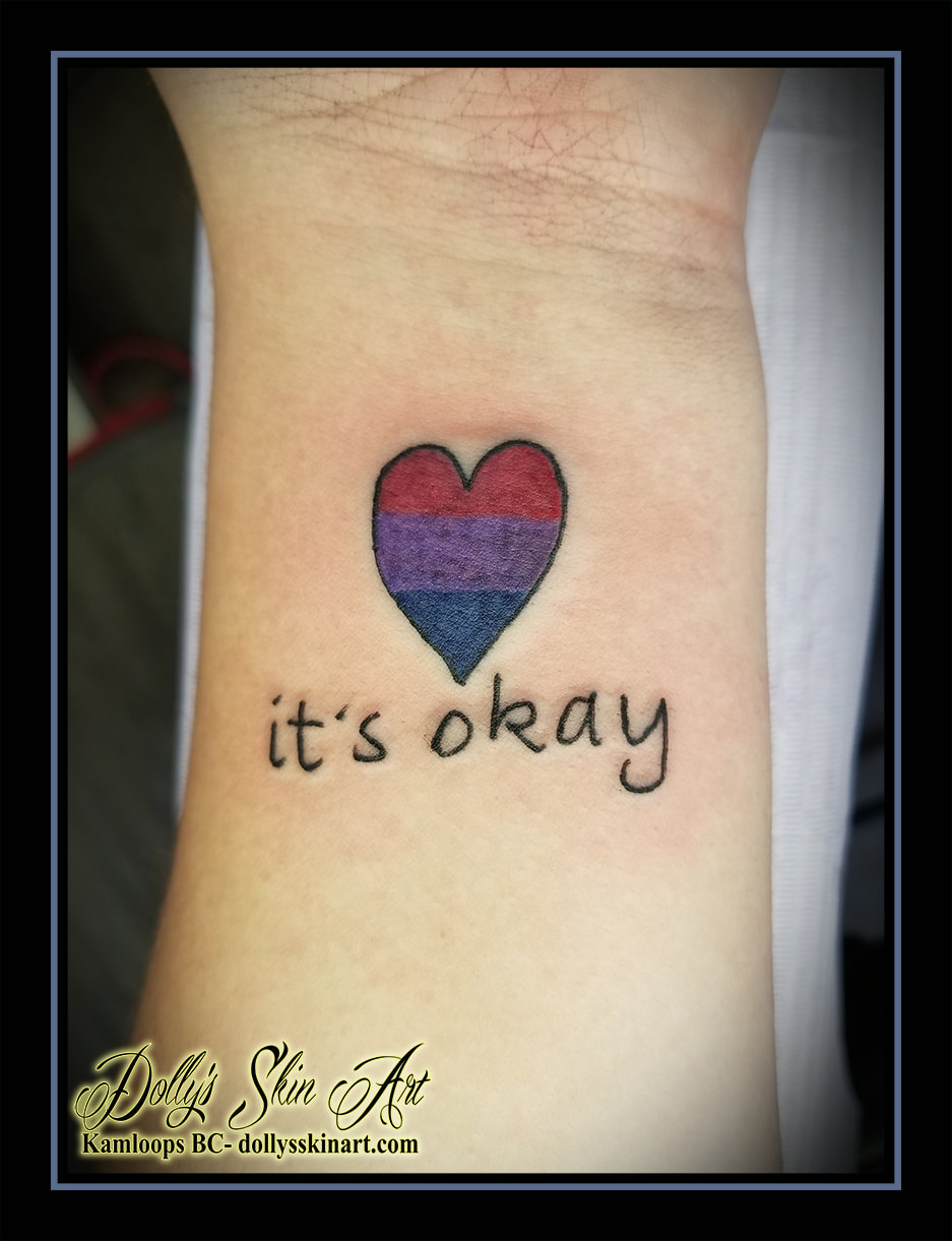 heart tattoo it's okay bisexual pride pink purple blue lettering font script black tattoo kamloops dolly's skin art