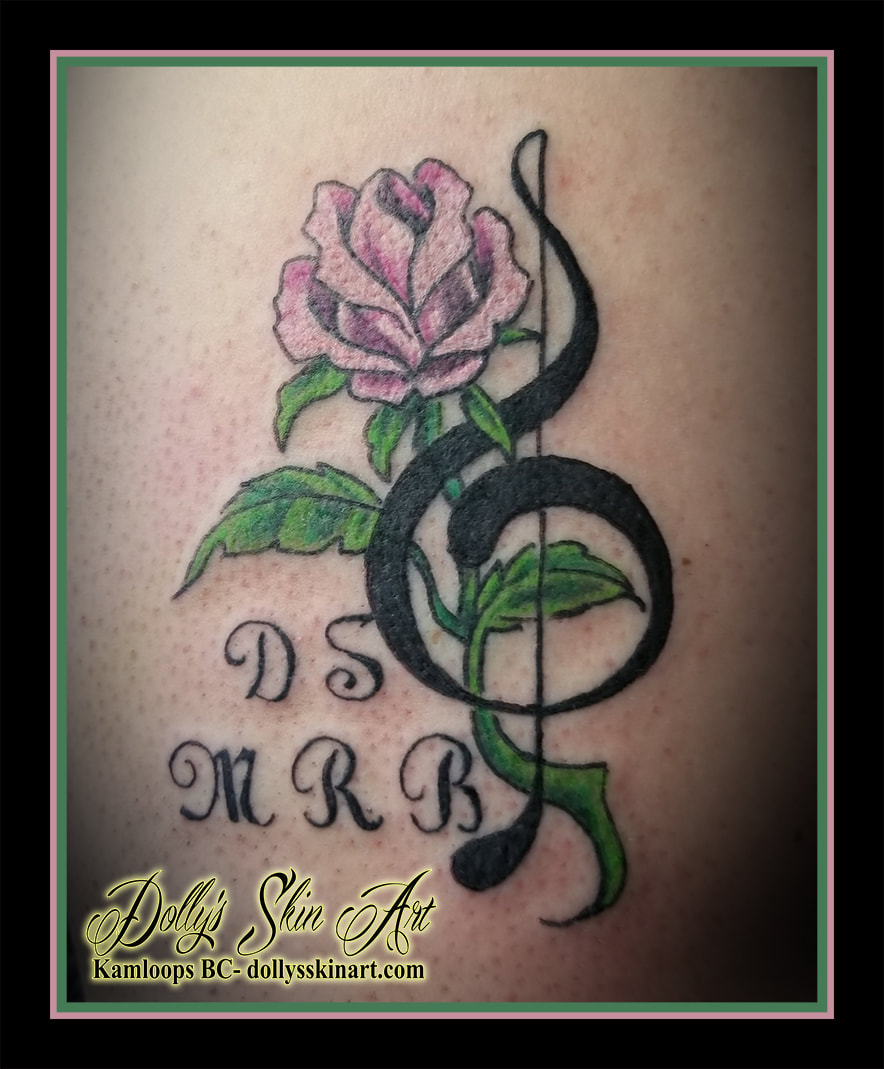rose treble clef green pink black lettering font d s m r b tattoo kamloops dolly's skin art