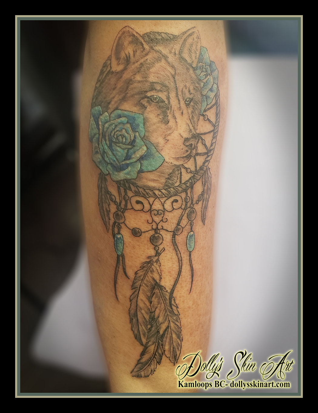 dream catcher tattoo flowers wolf colour blue black and grey shading beads tattoo dolly's skin art kamloops
