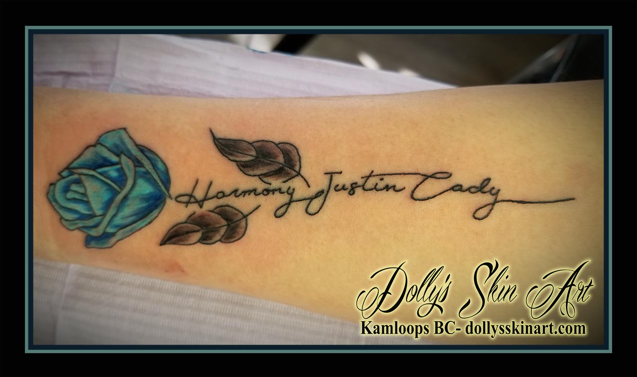 family rose children names harmony justin cody red flower leaf forearm tattoo kamloops dolly's skin art