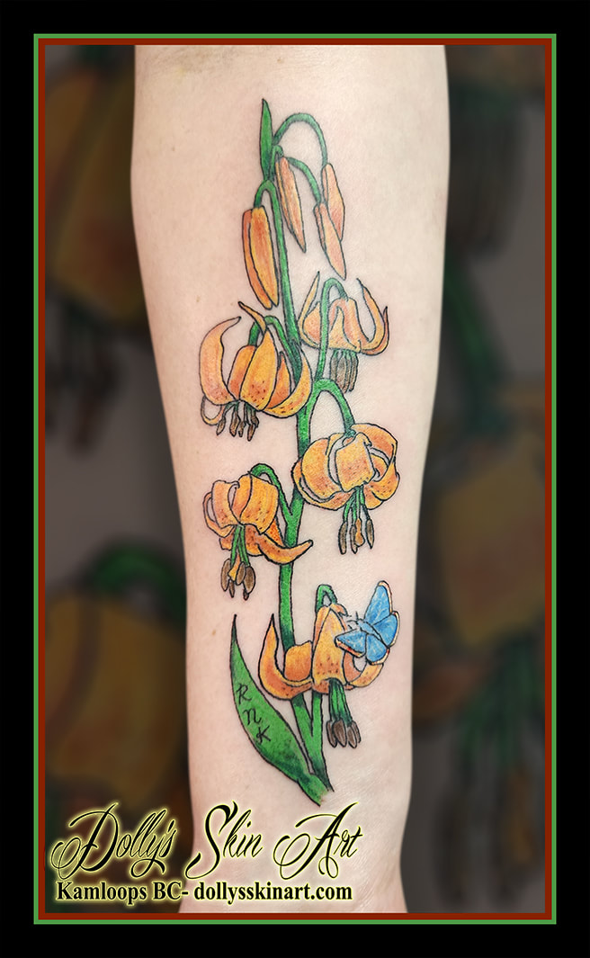 tiger lilies tattoo flowers initials green blue orange red yellow black brown butterfly tattoo kamloops dolly's skin art