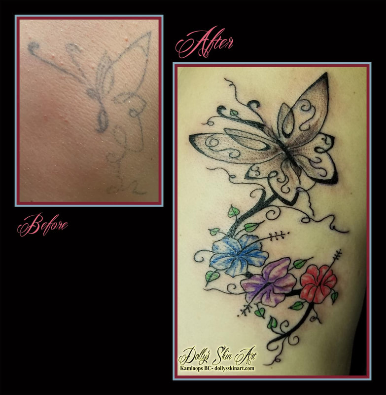butterfly cover up tattoo black and grey colour hibiscus flowers vines blue red purple green tattoo kamloops dolly's skin art