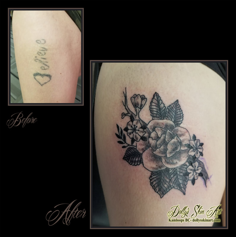 flower tattoo cover up black and grey shading floral leg tattoo kamloops dolly's skin art