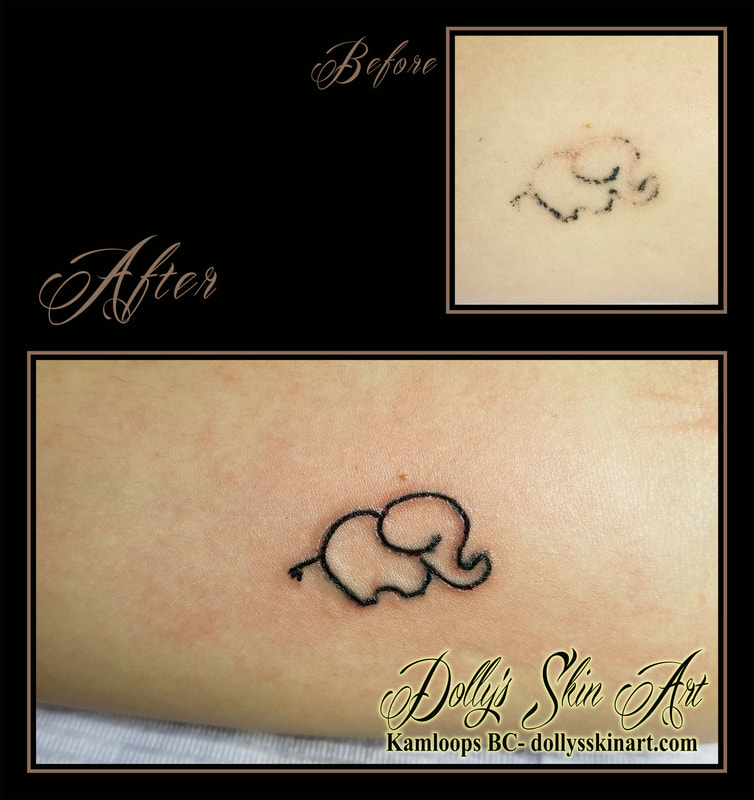 small tiny black linework elephant outline cover up fix scar arm tattoo kamloops dolly's skin art
