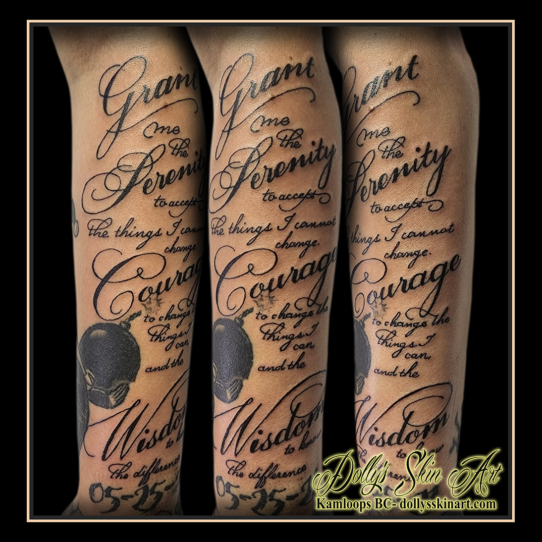 Serenity Prayer tattoo arm lettering font script black God Grant Me The Serenity To accept the things I cannot change Courage to change the things I can And wisdom to know the difference tattoo dolly's skin art kamloops
