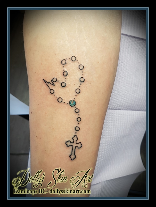 small simple single rosary heartbeat blue line work tattoo kamloops dollys skin art