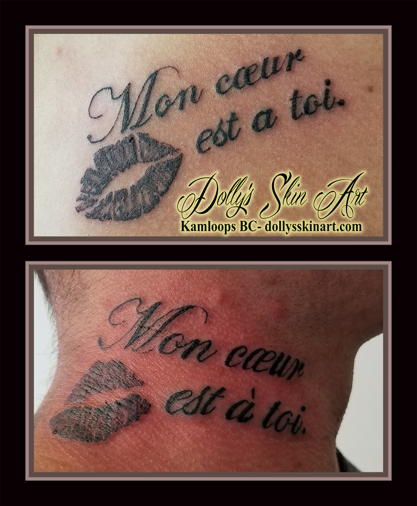 mon caeur est a toi lips kiss black grey shaded lettering font tattoo kamloops dolly's skin art