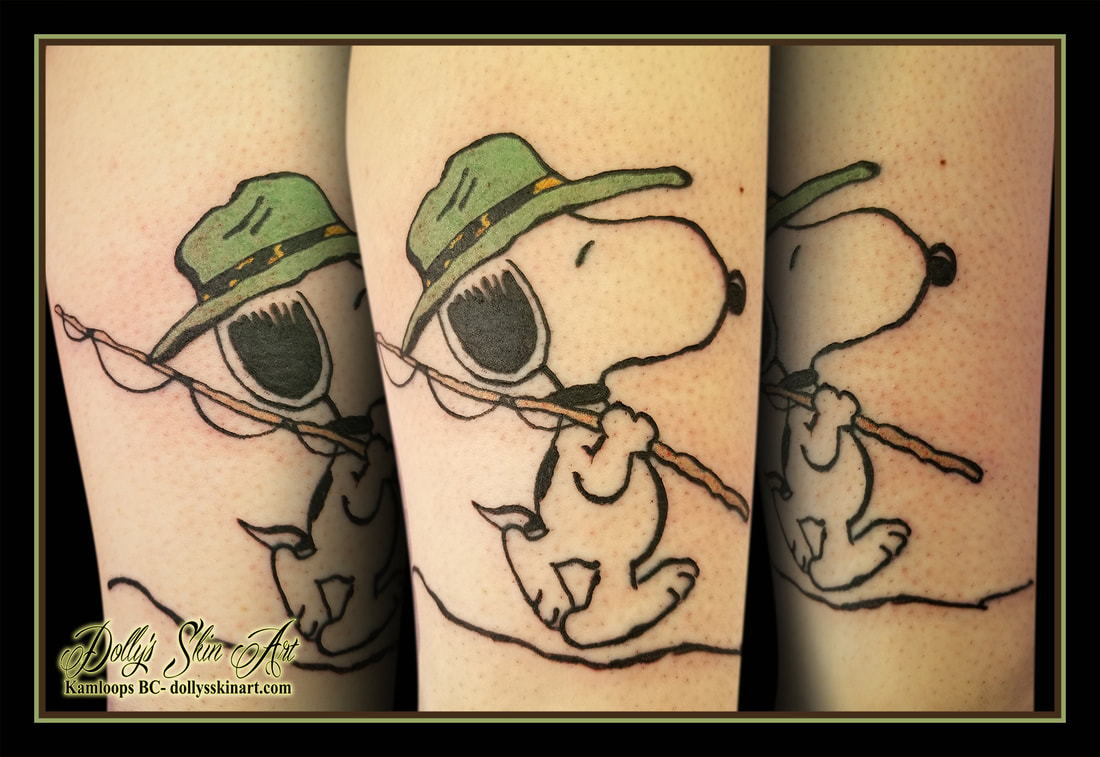 Spike peanuts snoopy brother colour cartoon comic black green fishing pole hat tattoo kamloops tattoo dolly's skin art