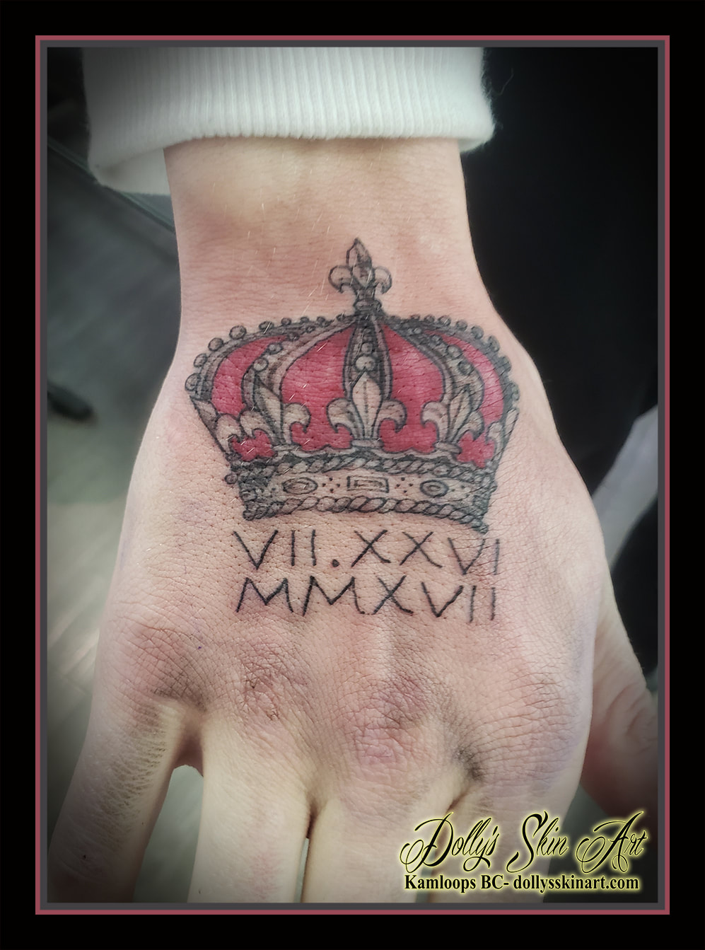 crown tattoo king hat red numerals black shading hand tattoo kamloops dolly's skin art