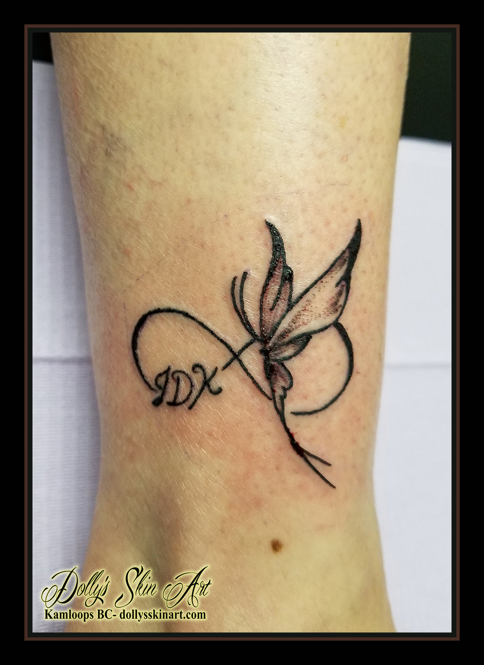 butterfly infinity tattoo initials black ankle small letters tattoo kamloops dolly's skin art