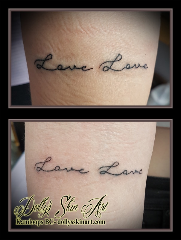 Love Love black text font lettering matching tattoo kamloops dolly's skin art