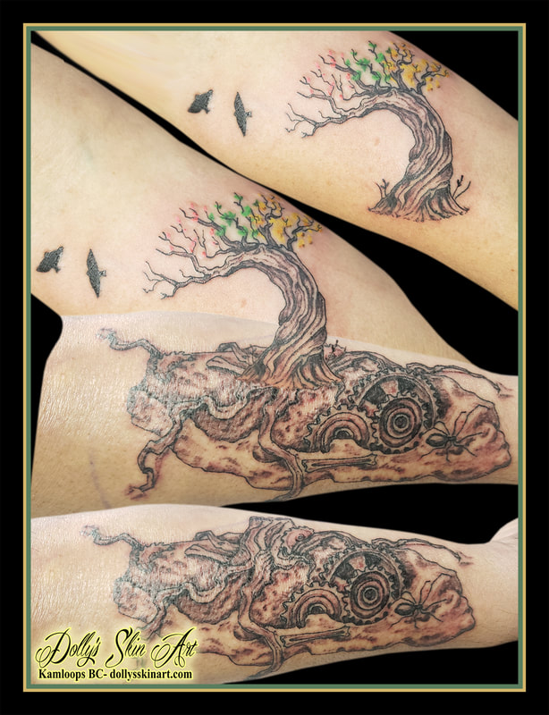 tree roots tattoo couples matching black and grey colour rainbow leaves gears spider bone tattoo dolly's skin art kamloops