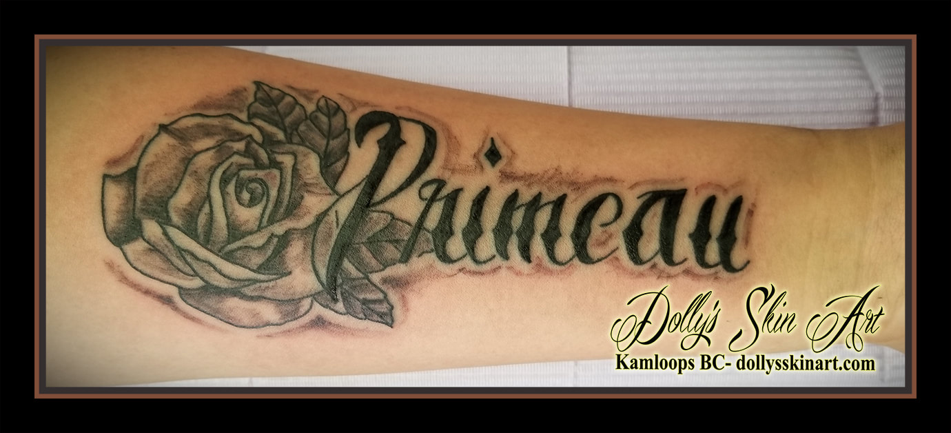 black and grey rose shading shaded lettering last name primeau font black forearm tattoo kamloops dolly's skin art