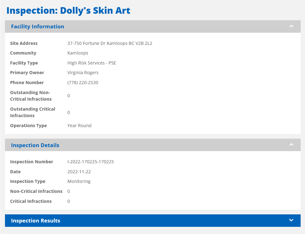 Dolly's Skin Art Interior Health Authority IHA Personal Service Inspection Results Kamloops Virginia Rogers